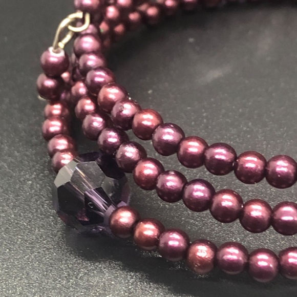 Eggplant Purple Faux Pearl 3 Coil Strand Wrap Bracelet - Picture 4 of 15